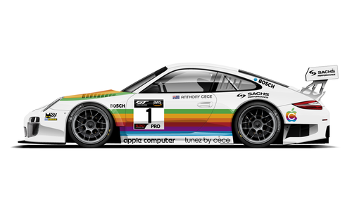 Porsche with Apple Computer vintage tribute livery in rainbow design