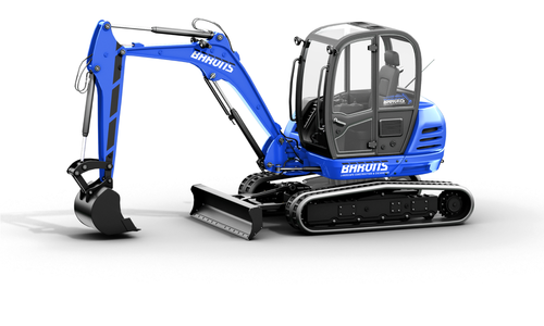 Blue and black Bharuis Construction excavator with branded graphics.