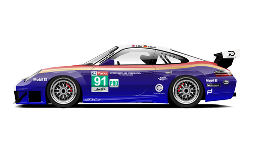 Porsche with Rothmans tribute livery in blue and red.