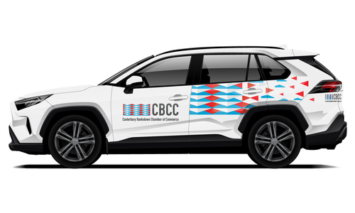 CBCC corporate vehicle wrap with minimalist red, white, and blue design.