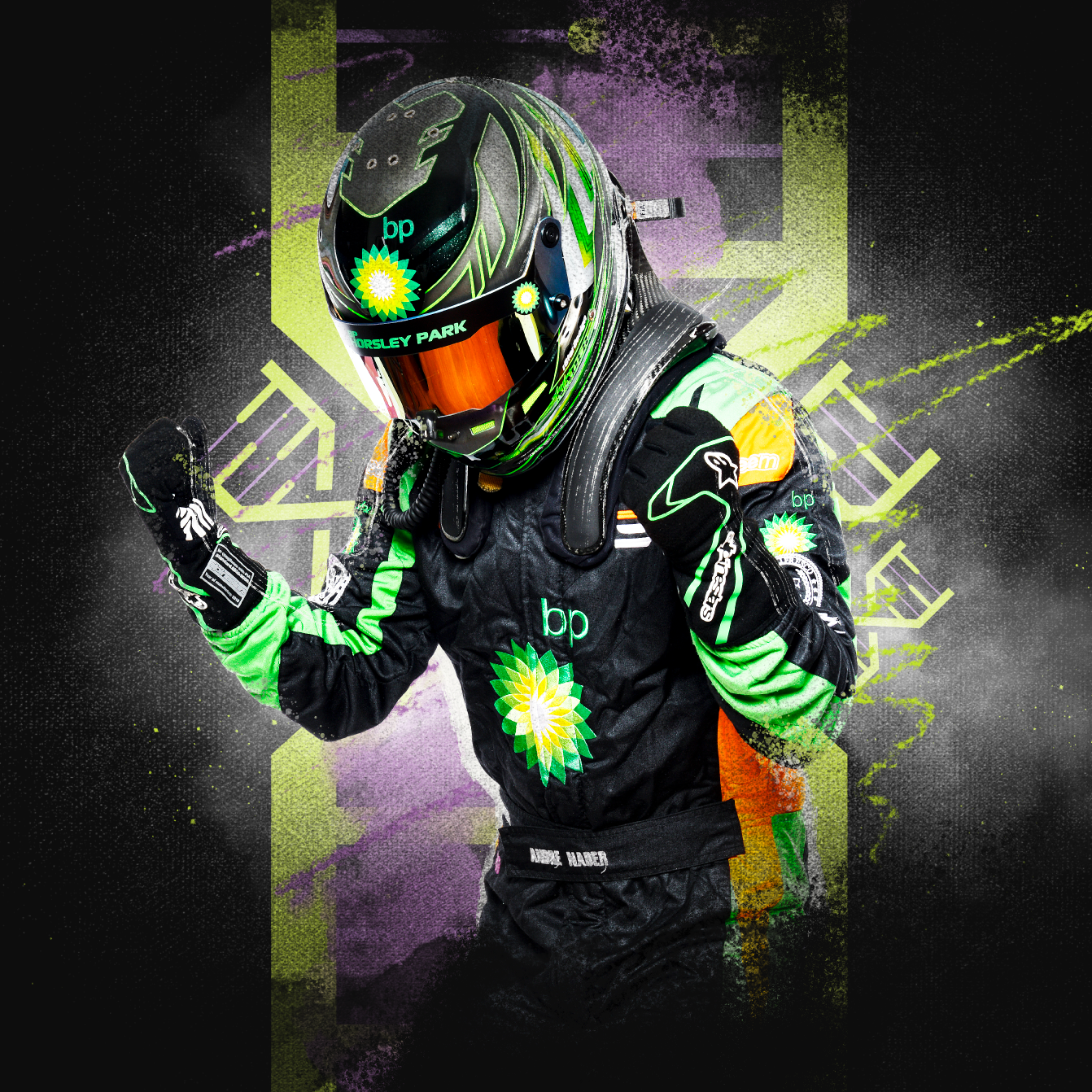 BP-branded racing suit design by Tiana Creative, showcasing bold green and black colours with the BP logo, emphasizing professional branding in motorsport.