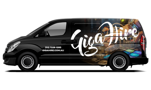 Giga Hire DJ van with dark and professional branding graphics.