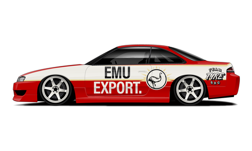 Nissan S14 with Emu Export drift livery in red and white.