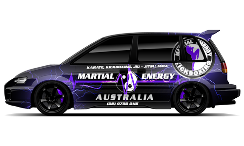 Martial Energy sports car livery with bold purple and black graphics, representing strength and energy.