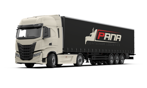 Pana Transport semi-trailer graphics with black and red design, symbolizing reliability in logistics.