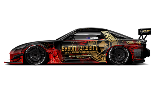 Mazda RX7 with Bandit Security circuit livery in red and gold.