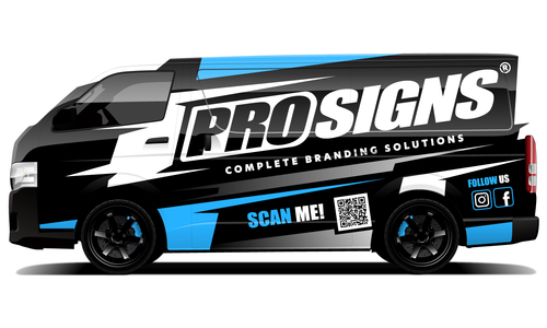 Pro Signs van wrap with black and blue design for complete branding solutions visibility.