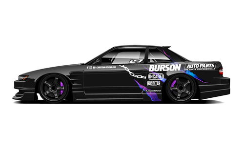 Christina Vithoulkas's Nissan S13 drift livery in black and purple with Burson Auto Parts branding.