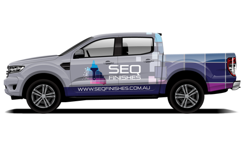 SEQ Finish vehicle branding with blue and grey design, ideal for construction service visibility.