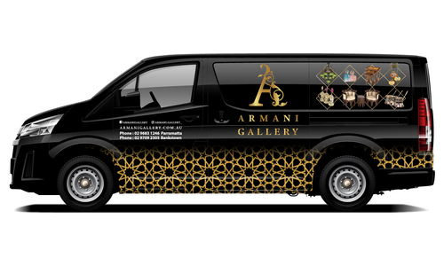 Armani Gallery luxury service van wrap in black and gold, exuding high-end elegance and exclusivity.