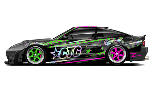 Nissan 180SX with CTG black, green, and pink drift livery.