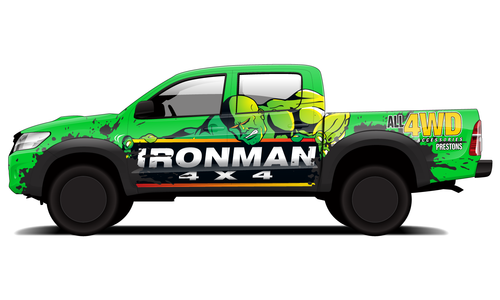 Ironman 4x4 adventure truck livery with vibrant green and yellow graphics showcasing off-road capabilities.
