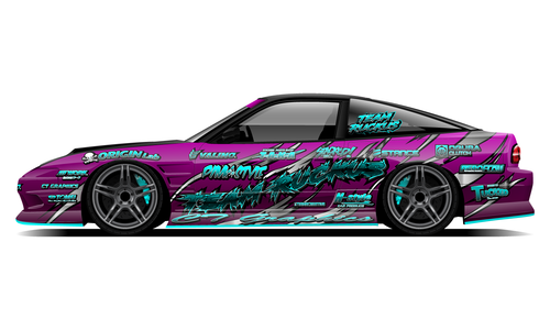 Nissan 180SX with Team Ruckus purple and green drift livery.