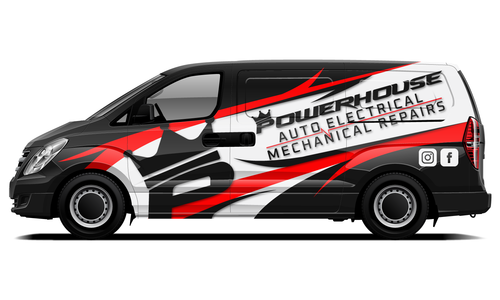 Powerhouse Auto Electrical van wrap design with bold red, black, and grey graphics for mobile electrician branding.