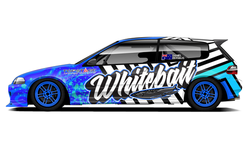 Honda Civic EG with Whitebait circuit livery in blue and white.