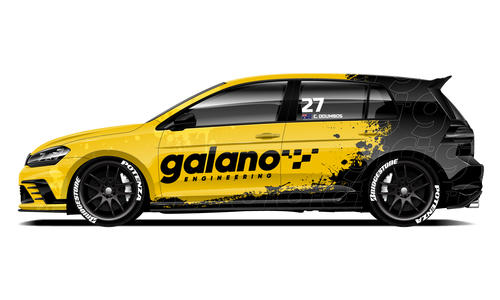 Volkswagen Golf R with yellow and black Galano Engineering drag livery.