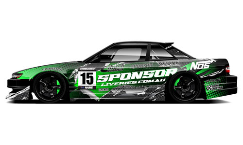 Nissan S13 drift car with green and black sponsor livery.