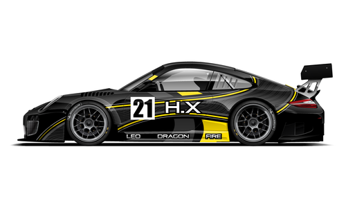 Porsche circuit car with black and gold racing livery.