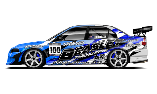 Mitsubishi Evo 6 with Beasley Solar Pool Heating circuit livery in blue and white.