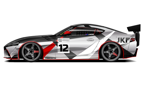 Toyota Supra A90 with silver and red time attack livery.