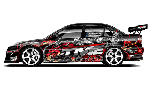 Mitsubishi Evo 6 with TME rally livery in red and black.