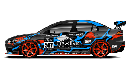 Mitsubishi Evo 10 with Crea8tive Roofing time attack livery in black and blue.