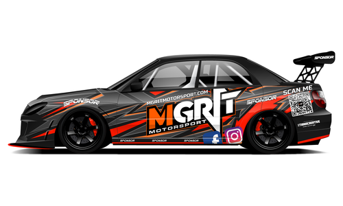 Subaru WRX with Mgrit time attack livery in red and black.