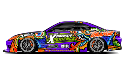 Nissan S15 with colourful graffiti Sideways Experience Japan drift livery.