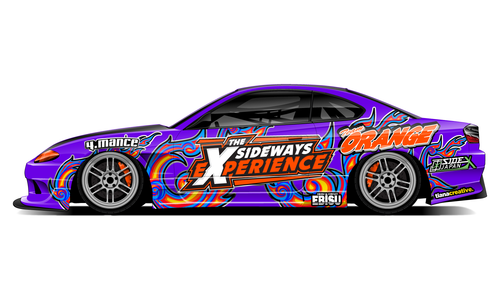 Nissan S15 with graffiti-style Sideways Experience Japan drift livery in purple.