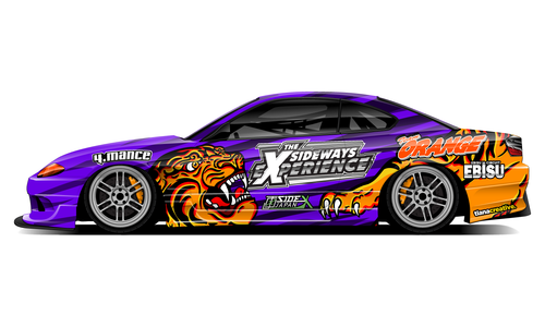 Nissan S15 with purple and lion-themed Sideways Experience Japan drift livery.