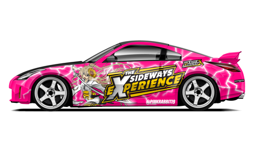 Nissan 350Z with pink Sideways Experience Japan drift livery.