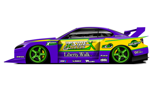 Liberty Walk S15 with Fausto Yukio Formula Drift livery in purple and green.
