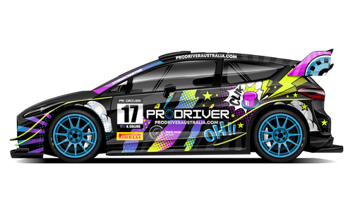 Prodriver rally livery with a vibrant multi-colour scheme.