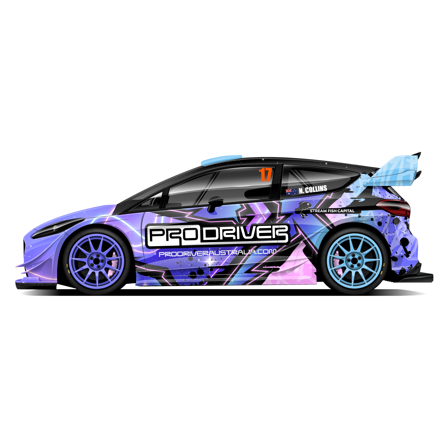 Durable and striking rally car livery design built to stand out in diverse terrains and harsh racing conditions.