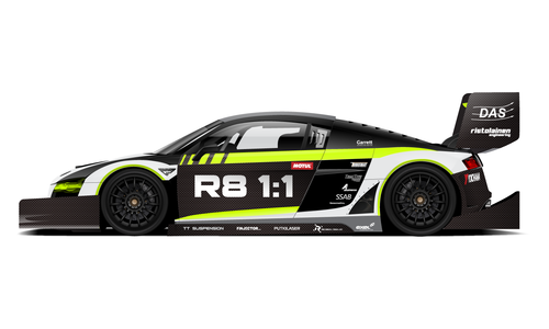 Audi R8 with 1:1 time attack livery in black and lime green.