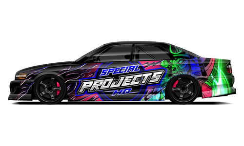 Toyota Chaser JZX100 drift livery with Special Projects branding in purple and green.