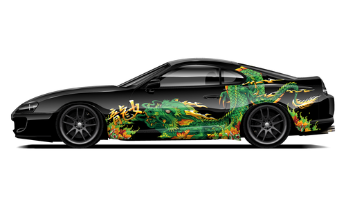Toyota Supra with green dragon street livery design.