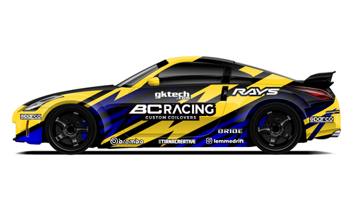 Nissan 350Z with yellow and black drift racing livery.
