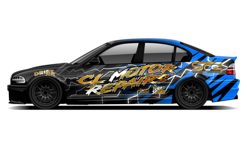 BMW E36 with custom Liveries.com.au drift livery in blue and black.