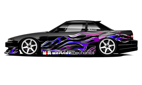 Nissan S13 with black and purple flame drift and street livery.