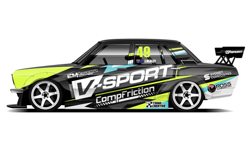 Datsun circuit car with V-Sport racing livery in green and black.