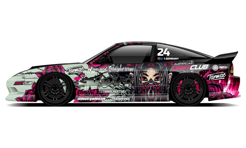 Nissan 180SX with Club Outrun drift livery in pink and black.