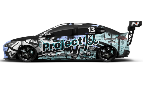 Hyundai i30N Fastback with Project MU time attack circuit livery in a modern graphic design.