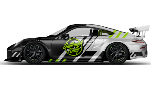 Porsche with Bullrush Rally livery in black, grey, and lime green.