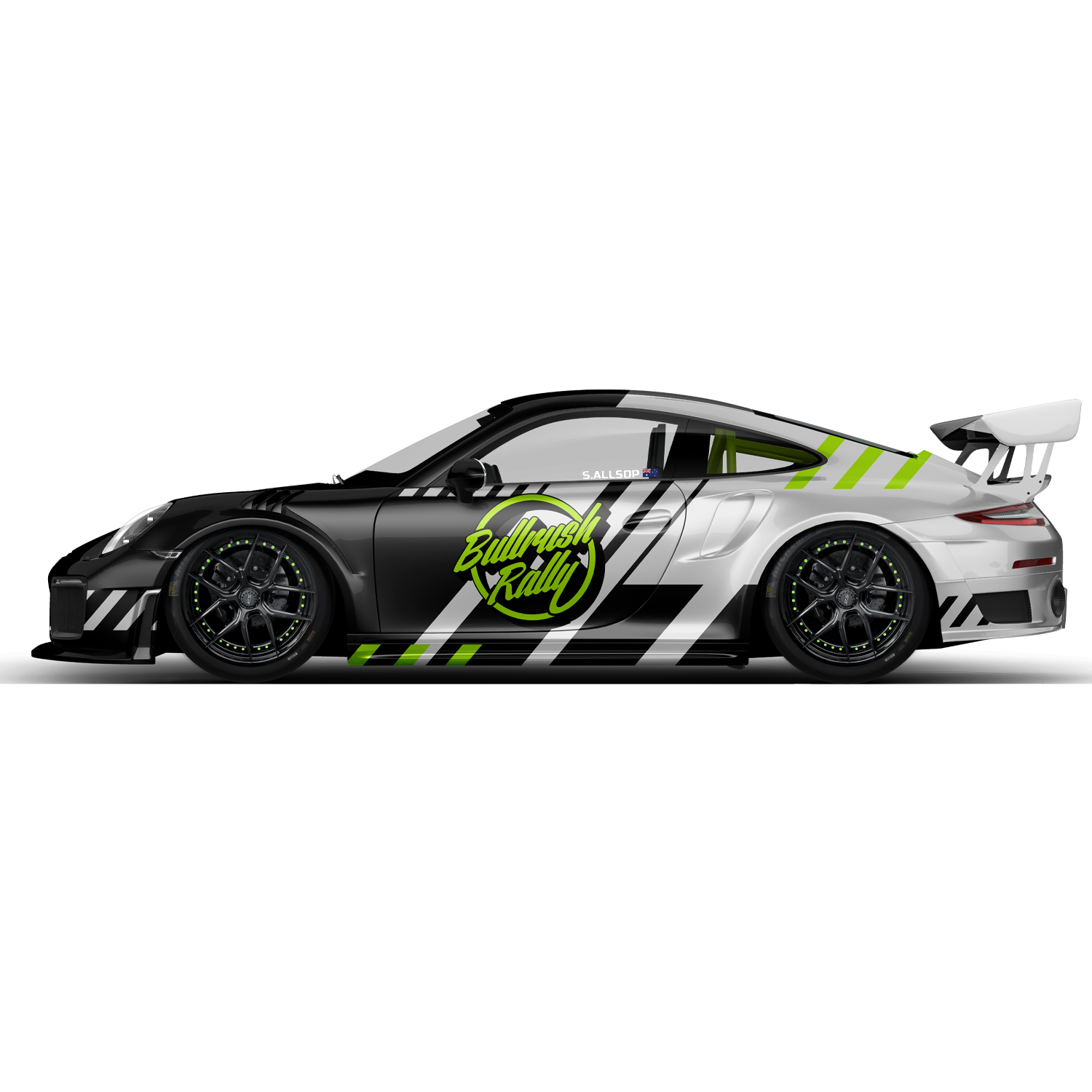 Sleek livery design for circuit racing car, combining professional aesthetics with branding for competitive edge.