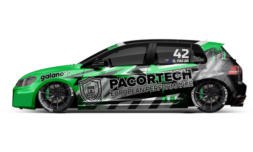 Volkswagen Golf R drag car with green and black Pacortech livery.