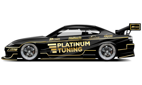 Nissan S15 drift car with black and gold Platinum Tuning livery.