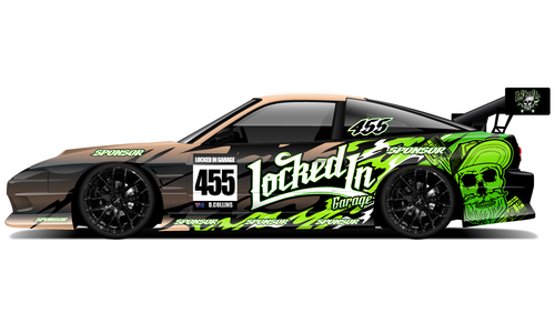 Nissan 180SX with green skull-themed 'Locked In' drift livery.