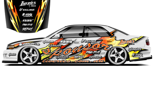 Chaser JZX100 JZX90 JZX110 Yellow and orange drift livery with flame graphics, for sale.