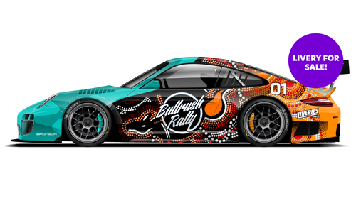 Porsche Bullrush Rally Teal and orange custom circuit livery with bold graphics, for sale.